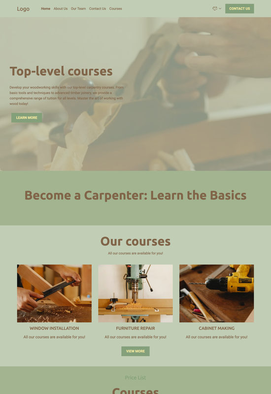 Vista previa de la plantilla de cursos de carpintería